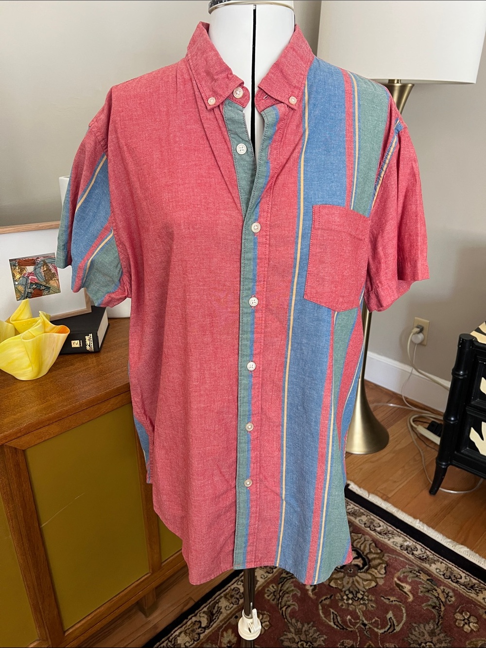 Arizona Jean Company Men's Coral Button-Down Shirt with Blue & Green Stripes
